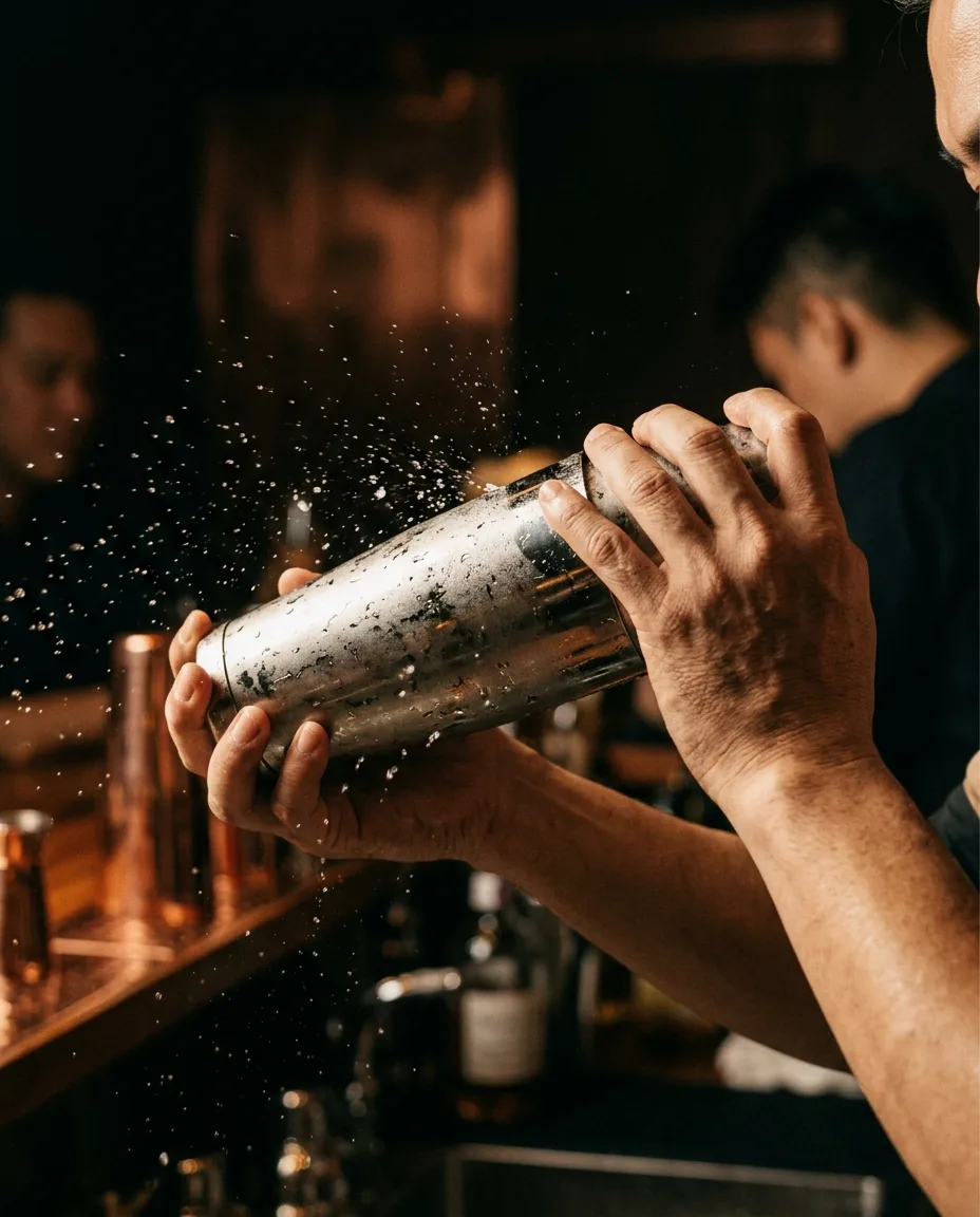 Cocktail workshop in progress — hands shaking a tin